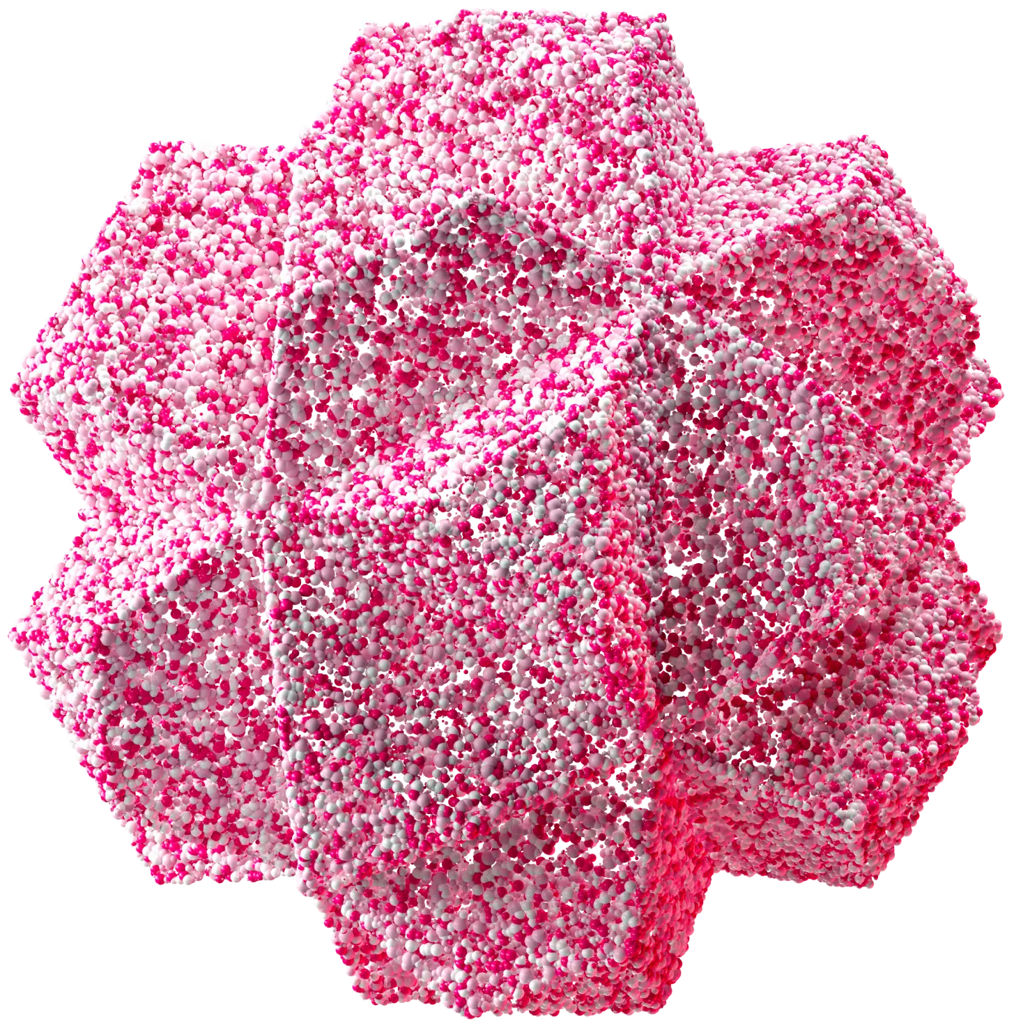 Small red and white spheres form abstract hexagonal shape